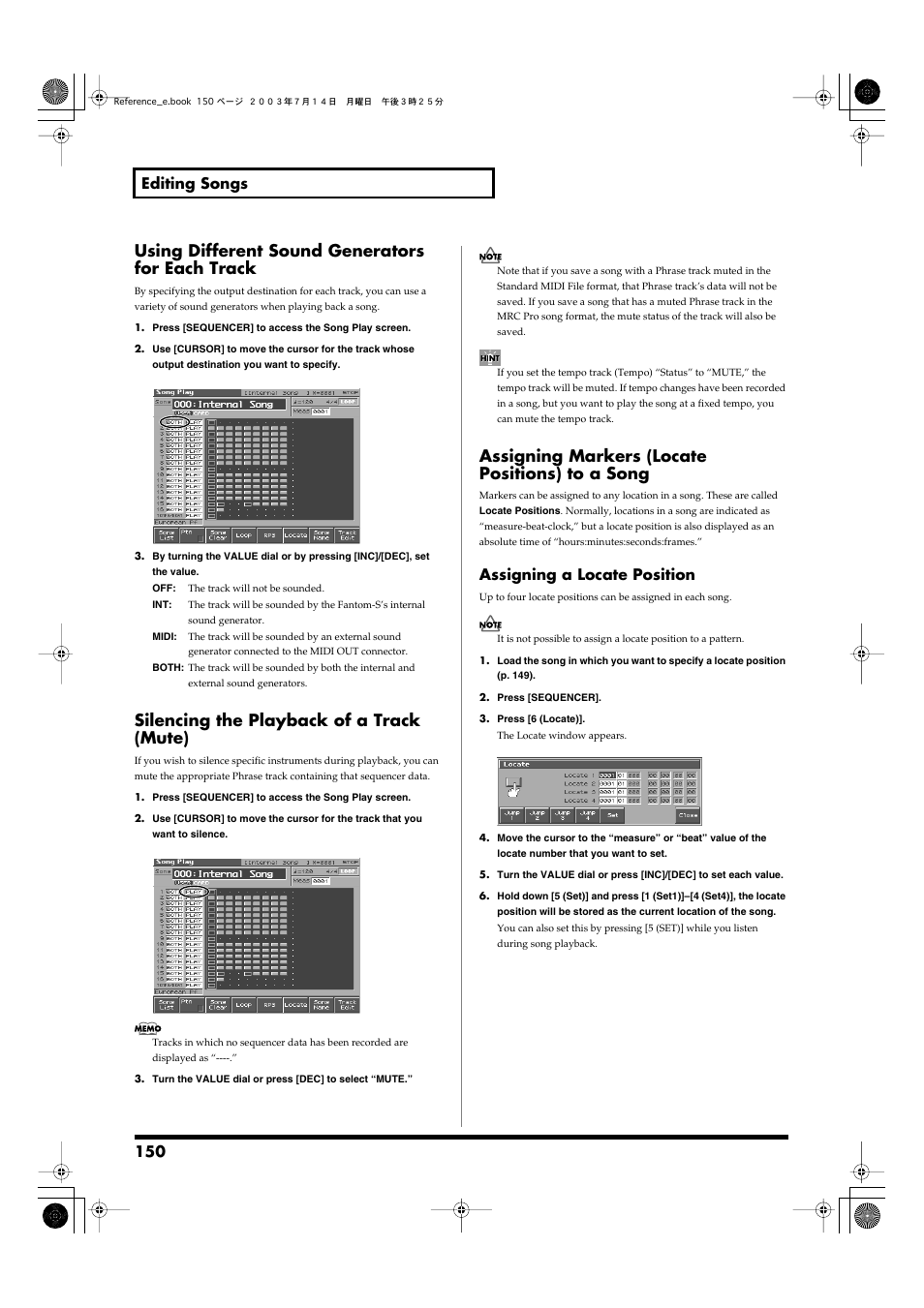 Using different sound generators for each track, Silencing the playback of a track (mute), Assigning markers (locate positions) to a song | Silencing the playback, Of a track (mute), P. 150), For details on this operation, refer to, 150 editing songs, Assigning a locate position | Roland Fantom-S User Manual | Page 150 / 228