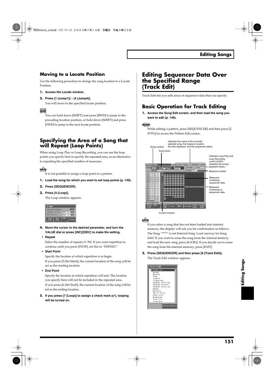 Basic operation for track editing, Points), P. 151) | 2 (ptn)] p. 151) and then press [rec, 151 editing songs, Moving to a locate position | Roland Fantom-S User Manual | Page 151 / 228