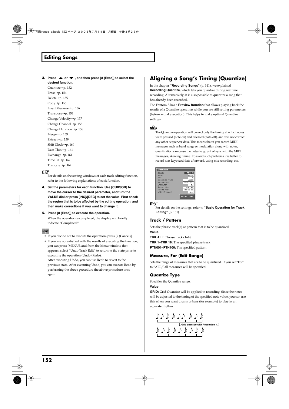 Aligning a song’s timing (quantize), 152 editing songs | Roland Fantom-S User Manual | Page 152 / 228