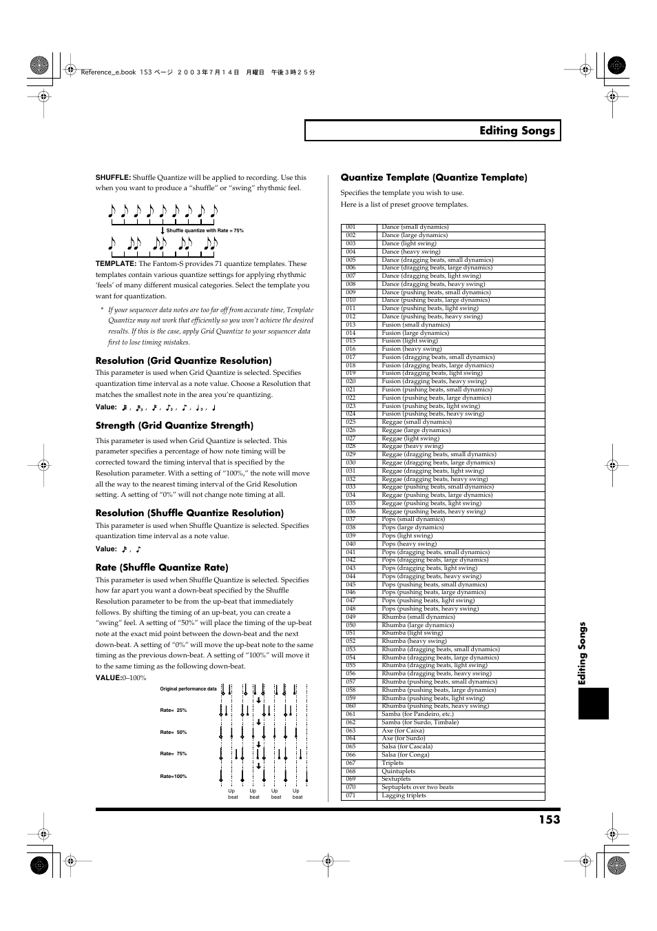 153 editing songs, Editing songs, Resolution (grid quantize resolution) | Strength (grid quantize strength), Resolution (shuffle quantize resolution), Rate (shuffle quantize rate), Quantize template (quantize template) | Roland Fantom-S User Manual | Page 153 / 228