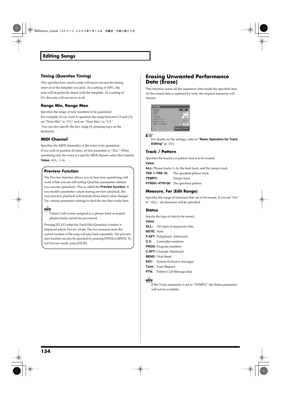 Erasing unwanted performance data (erase), P. 154, 154 editing songs | Roland Fantom-S User Manual | Page 154 / 228