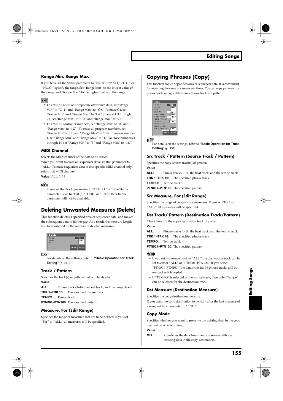 Deleting unwanted measures (delete), Copying phrases (copy), P. 155 | 155 editing songs | Roland Fantom-S User Manual | Page 155 / 228