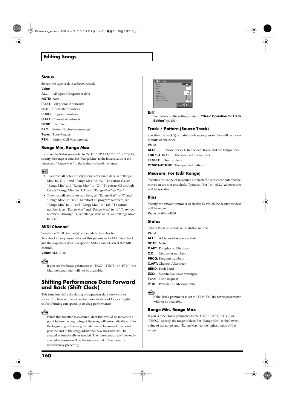 P. 160, 160 editing songs | Roland Fantom-S User Manual | Page 160 / 228
