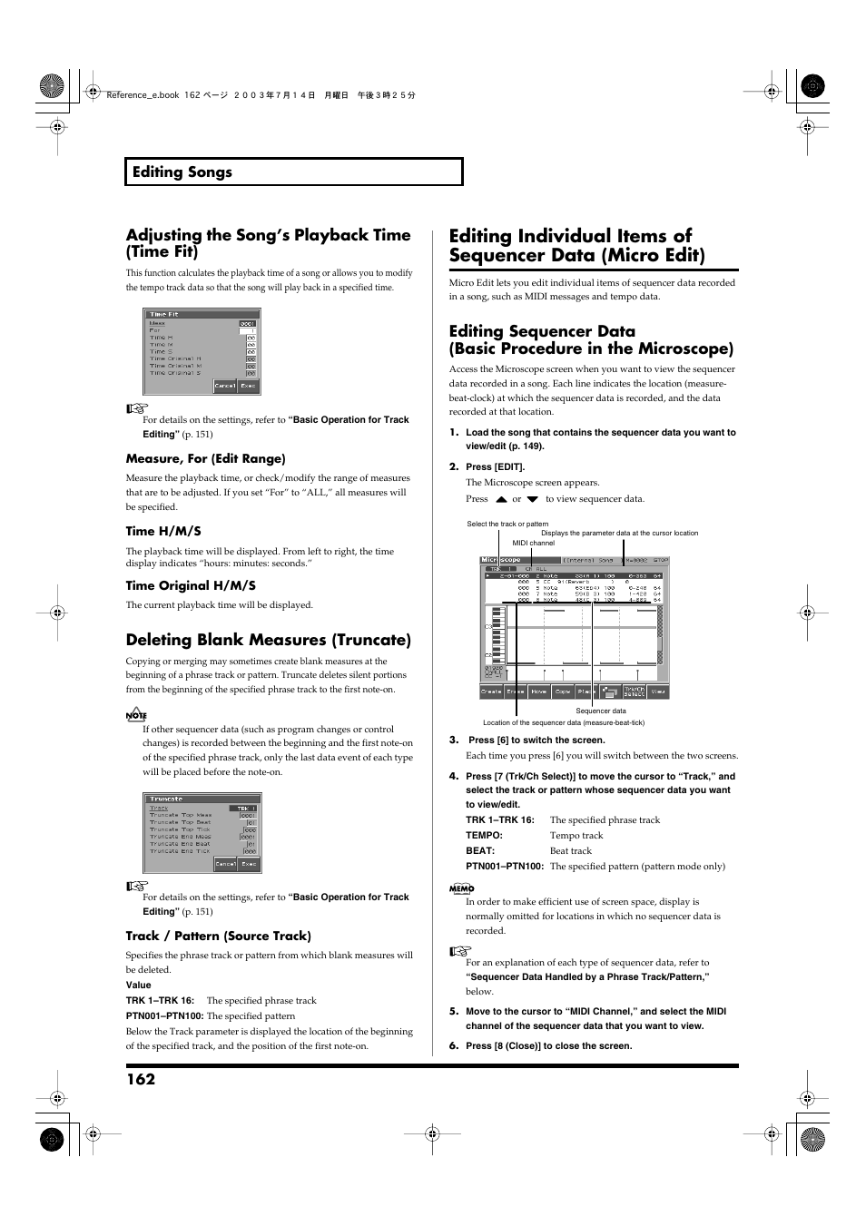 Adjusting the song’s playback time (time fit), Deleting blank measures (truncate), P. 162 | 162 editing songs | Roland Fantom-S User Manual | Page 162 / 228