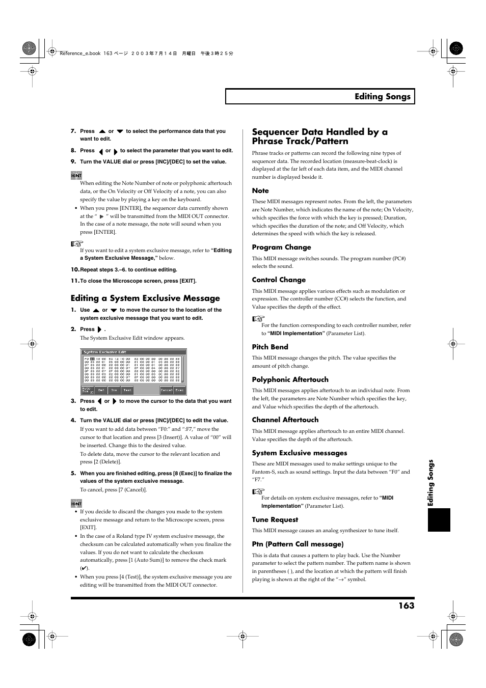 Sequencer data handled by a phrase track/pattern, 163 editing songs, Editing a system exclusive message | Roland Fantom-S User Manual | Page 163 / 228