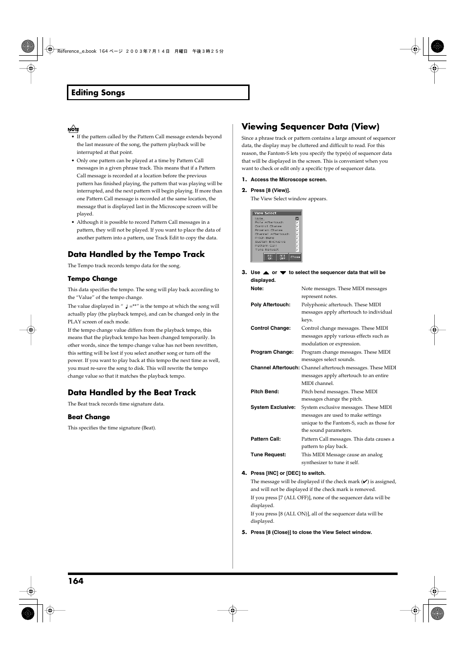 Viewing sequencer data (view), 164 editing songs, Data handled by the tempo track | Data handled by the beat track | Roland Fantom-S User Manual | Page 164 / 228