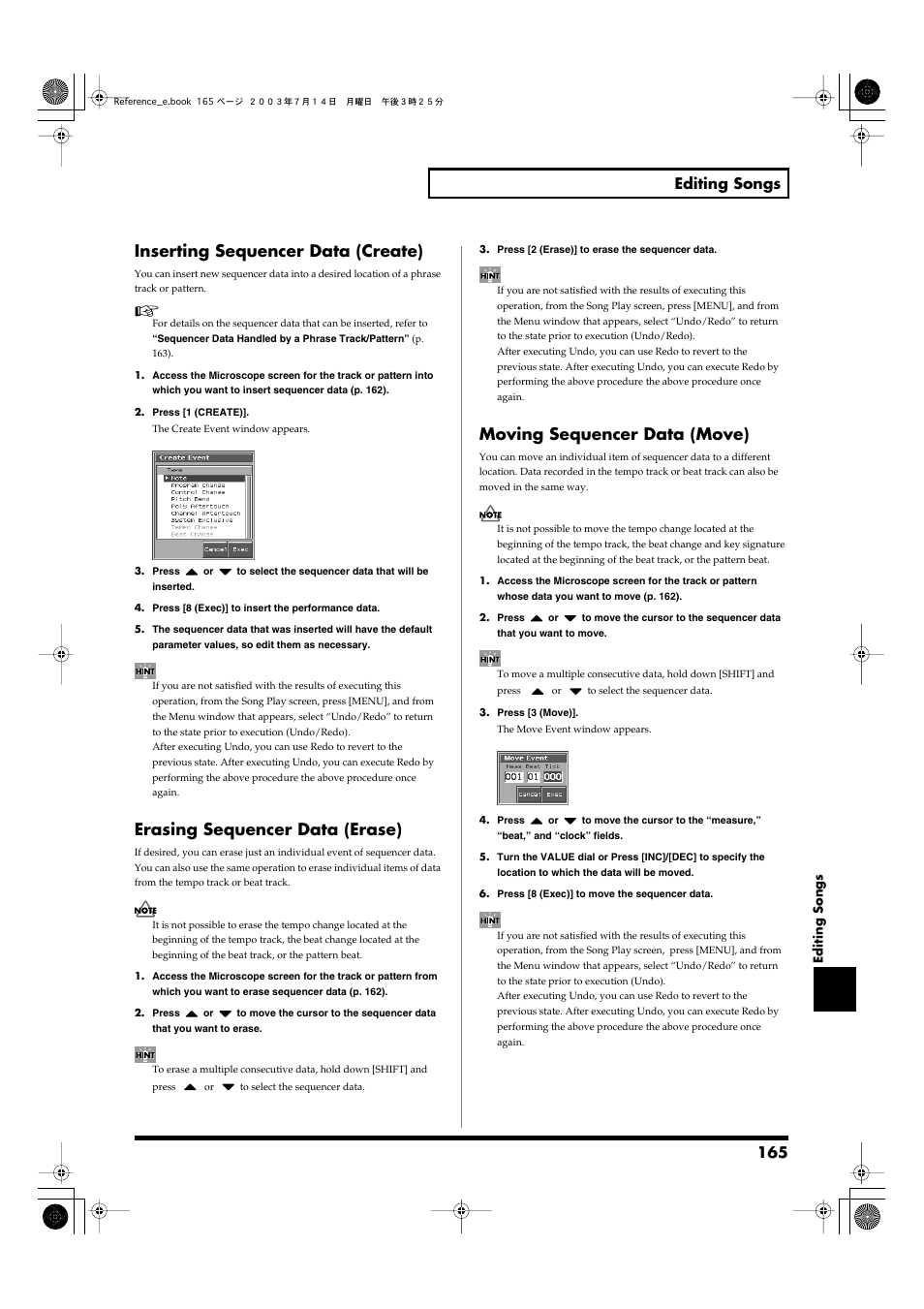 Inserting sequencer data (create), Erasing sequencer data (erase), Moving sequencer data (move) | 165 editing songs | Roland Fantom-S User Manual | Page 165 / 228