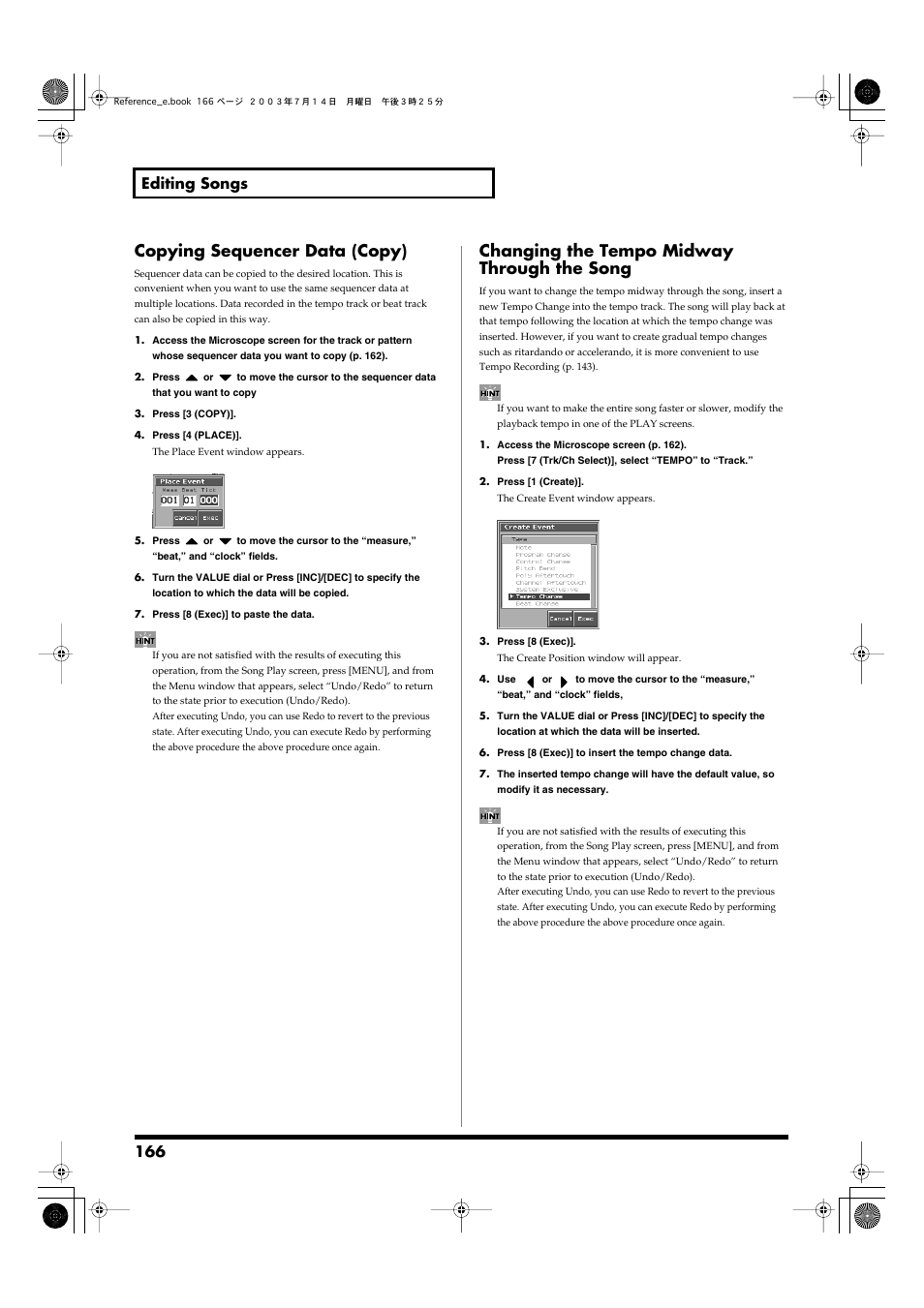 Copying sequencer data (copy), Changing the tempo midway through the song, 166 editing songs | Roland Fantom-S User Manual | Page 166 / 228