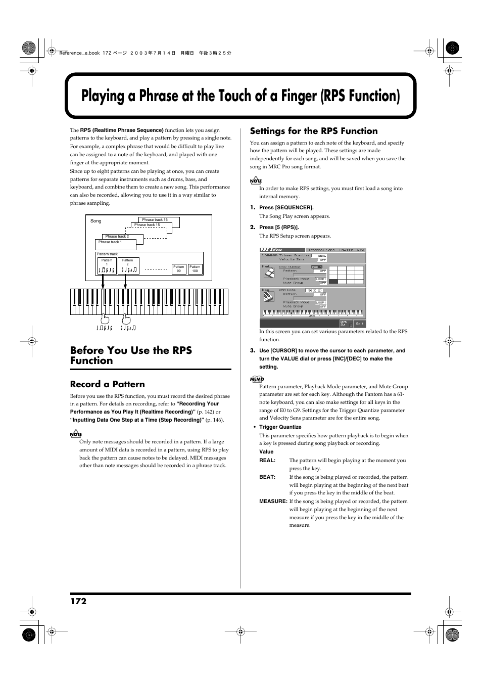 Before you use the rps function, Record a pattern, Settings for the rps function | Record a pattern settings for the rps function, When rps is on (p. 172) | Roland Fantom-S User Manual | Page 172 / 228