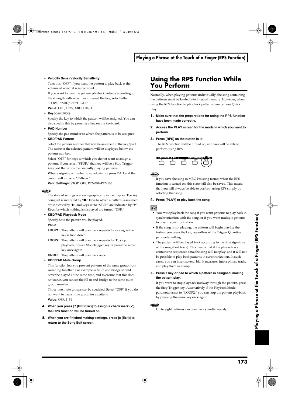 Using the rps function while you perform | Roland Fantom-S User Manual | Page 173 / 228