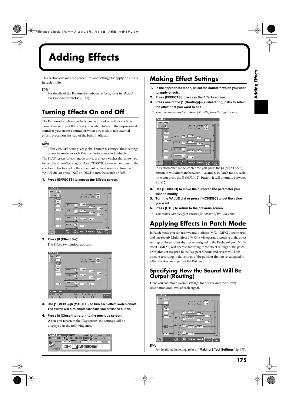 Adding effects, Turning effects on and off, Making effect settings | Applying effects in patch mode, Specifying how the sound will be output (routing), P. 175), P. 175 | Roland Fantom-S User Manual | Page 175 / 228