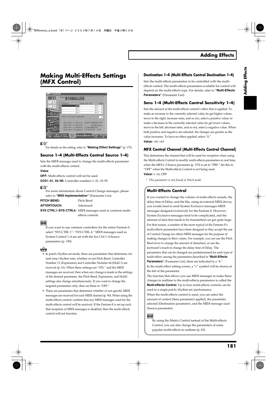 Making multi-effects settings (mfx control), 181 adding effects | Roland Fantom-S User Manual | Page 181 / 228