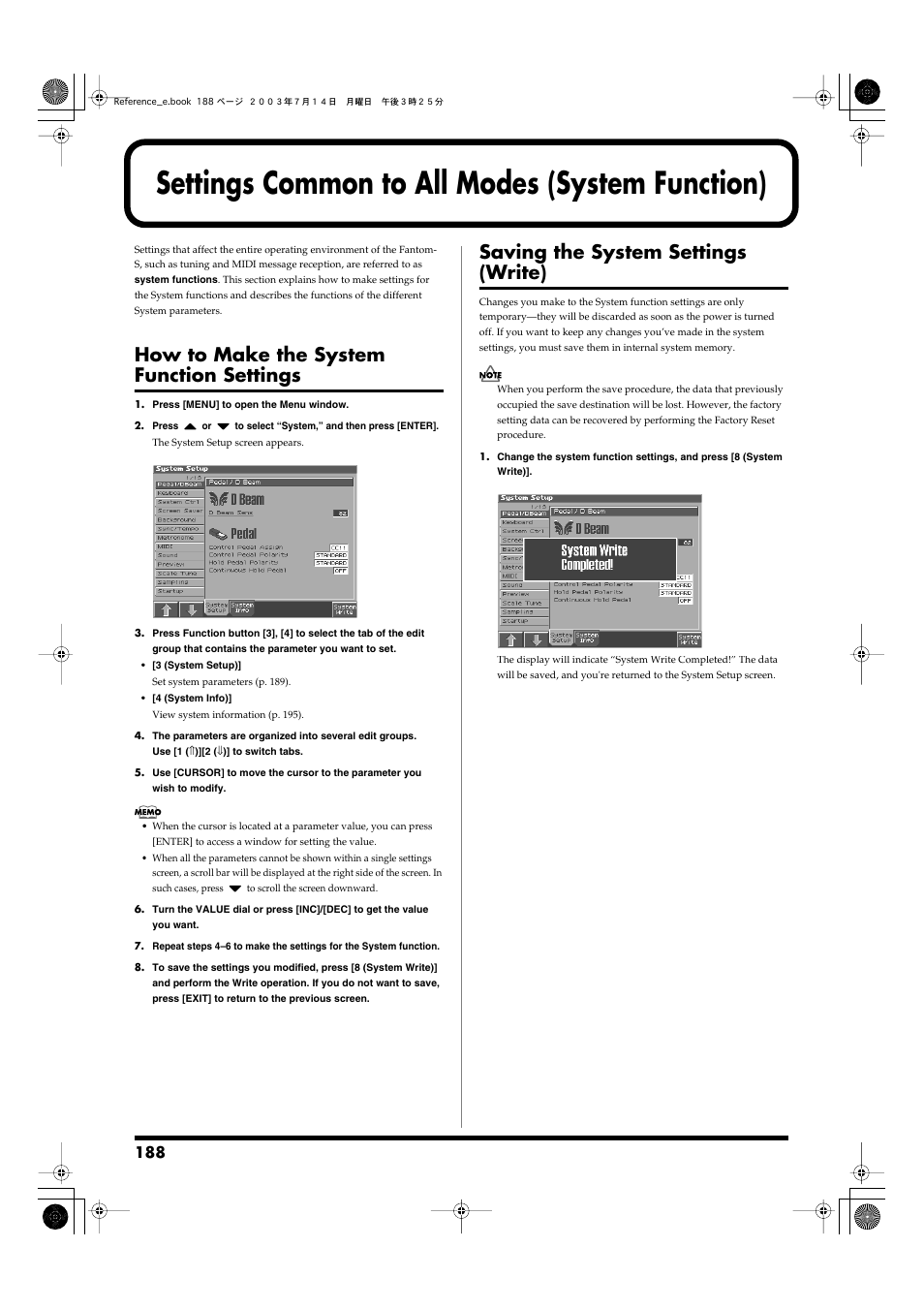 Settings common to all modes (system function), How to make the system function settings, Saving the system settings (write) | Roland Fantom-S User Manual | Page 188 / 228