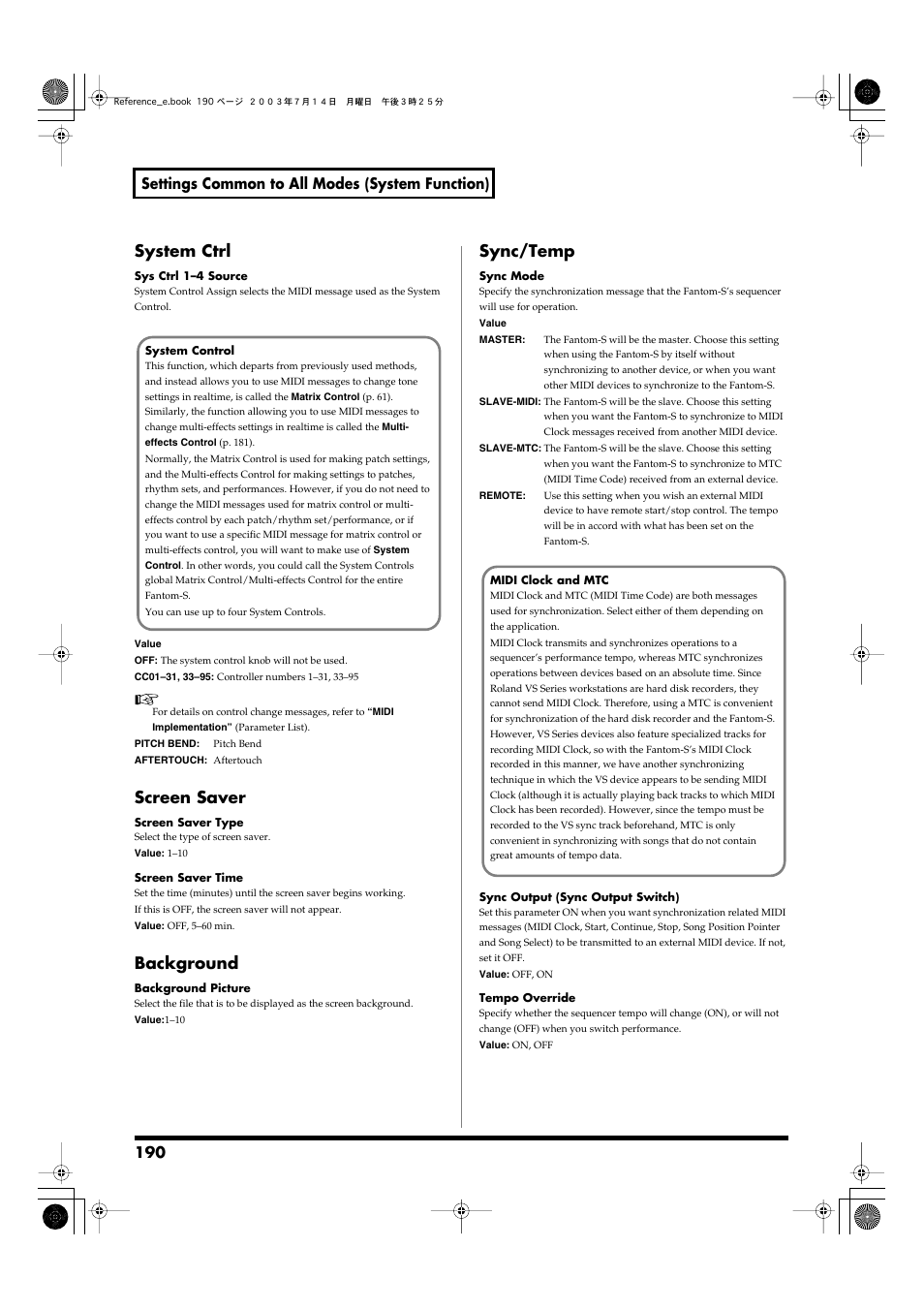 System ctrl, Screen saver, Background | Sync/temp, System ctrl screen saver, Background sync/temp, Parameter (p. 190), Parameters (p. 190), Settings common to all modes (system function) | Roland Fantom-S User Manual | Page 190 / 228