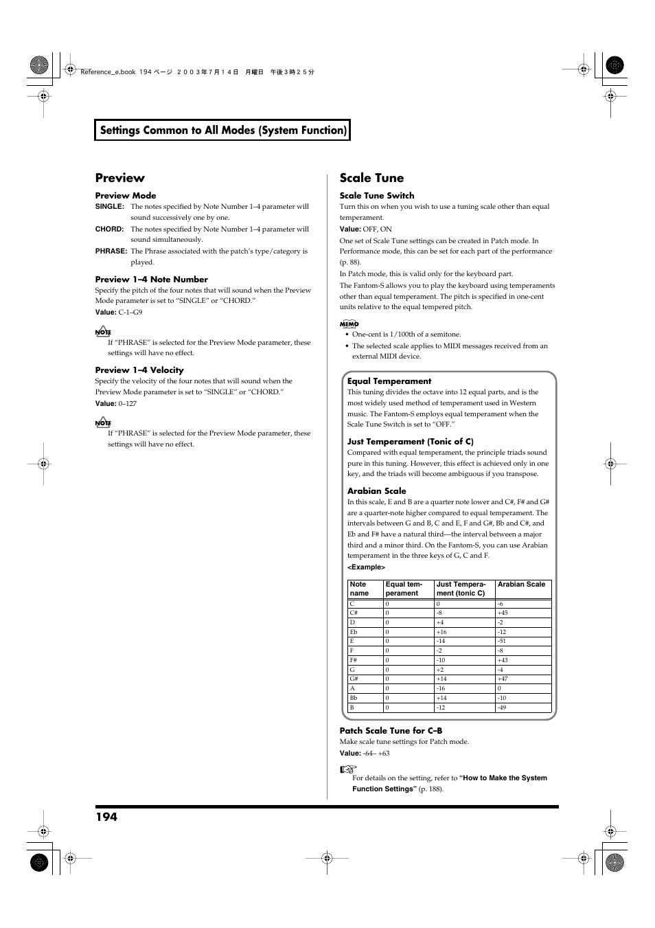 Preview, Scale tune, Preview scale tune | Parameter (p. 194), Settings common to all modes (system function) | Roland Fantom-S User Manual | Page 194 / 228