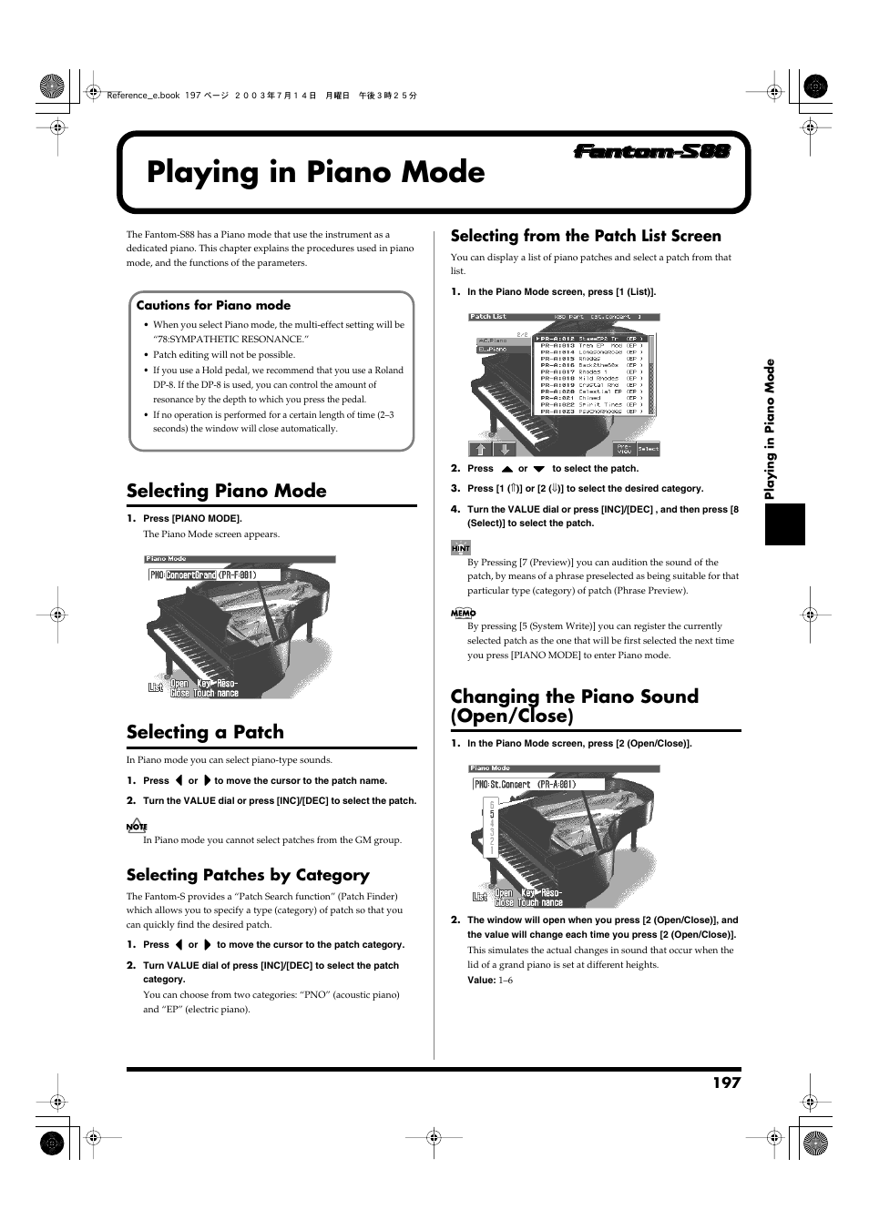 Playing in piano mode, Selecting piano mode, Selecting a patch | Selecting patches by category, Selecting from the patch list screen, Changing the piano sound (open/close), Selecting piano mode selecting a patch, P. 197) | Roland Fantom-S User Manual | Page 197 / 228