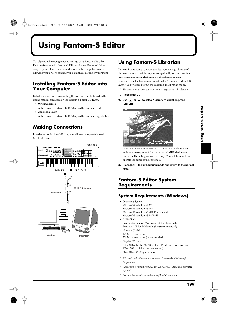 Using fantom-s editor, Installing fantom-s editor into your computer, Making connections | Using fantom-s librarian, Fantom-s editor system requirements, System requirements (windows) | Roland Fantom-S User Manual | Page 199 / 228