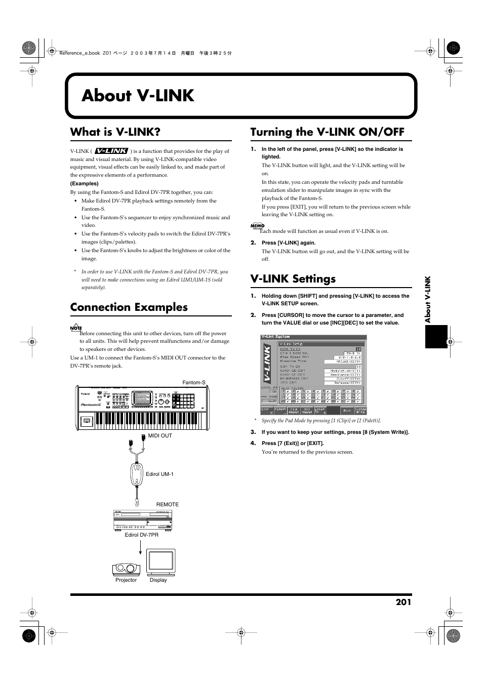 About v-link, What is v-link, Connection examples | Turning the v-link on/off, V-link settings, P. 201) | Roland Fantom-S User Manual | Page 201 / 228