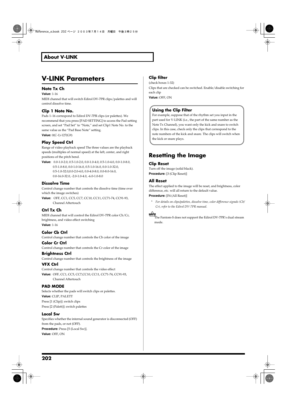 V-link parameters, Resetting the image, 202 about v-link | Roland Fantom-S User Manual | Page 202 / 228