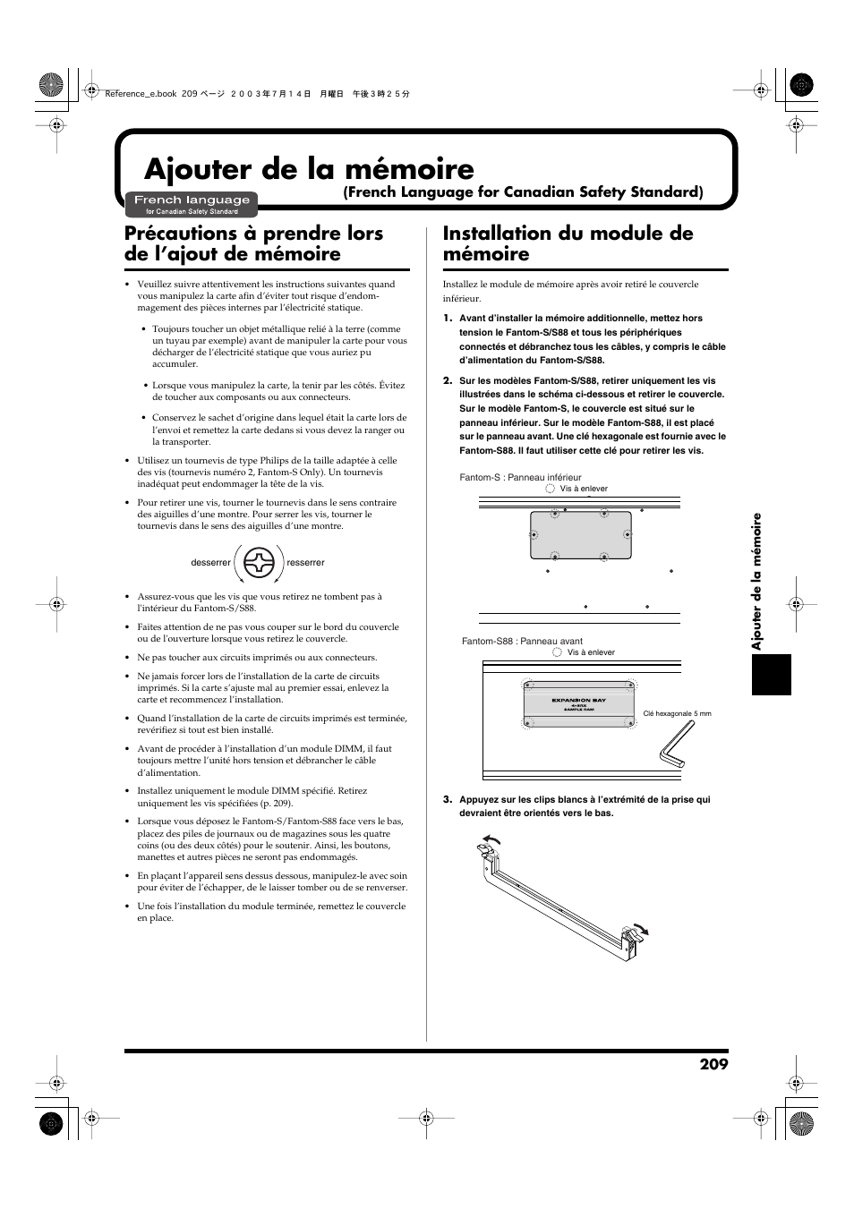 Ajouter de la mémoire, Précautions à prendre lors de l’ajout de mémoire, Installation du module de mémoire | French language for canadian safety standard) | Roland Fantom-S User Manual | Page 209 / 228