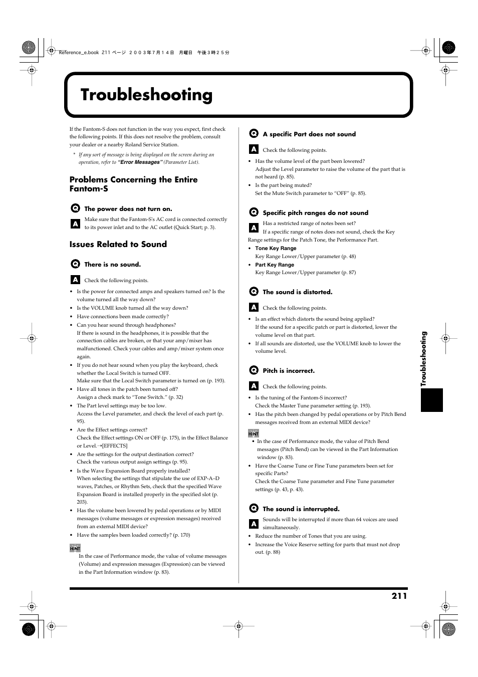 Troubleshooting, Problems concerning the entire fantom-s, Issues related to sound | Roland Fantom-S User Manual | Page 211 / 228