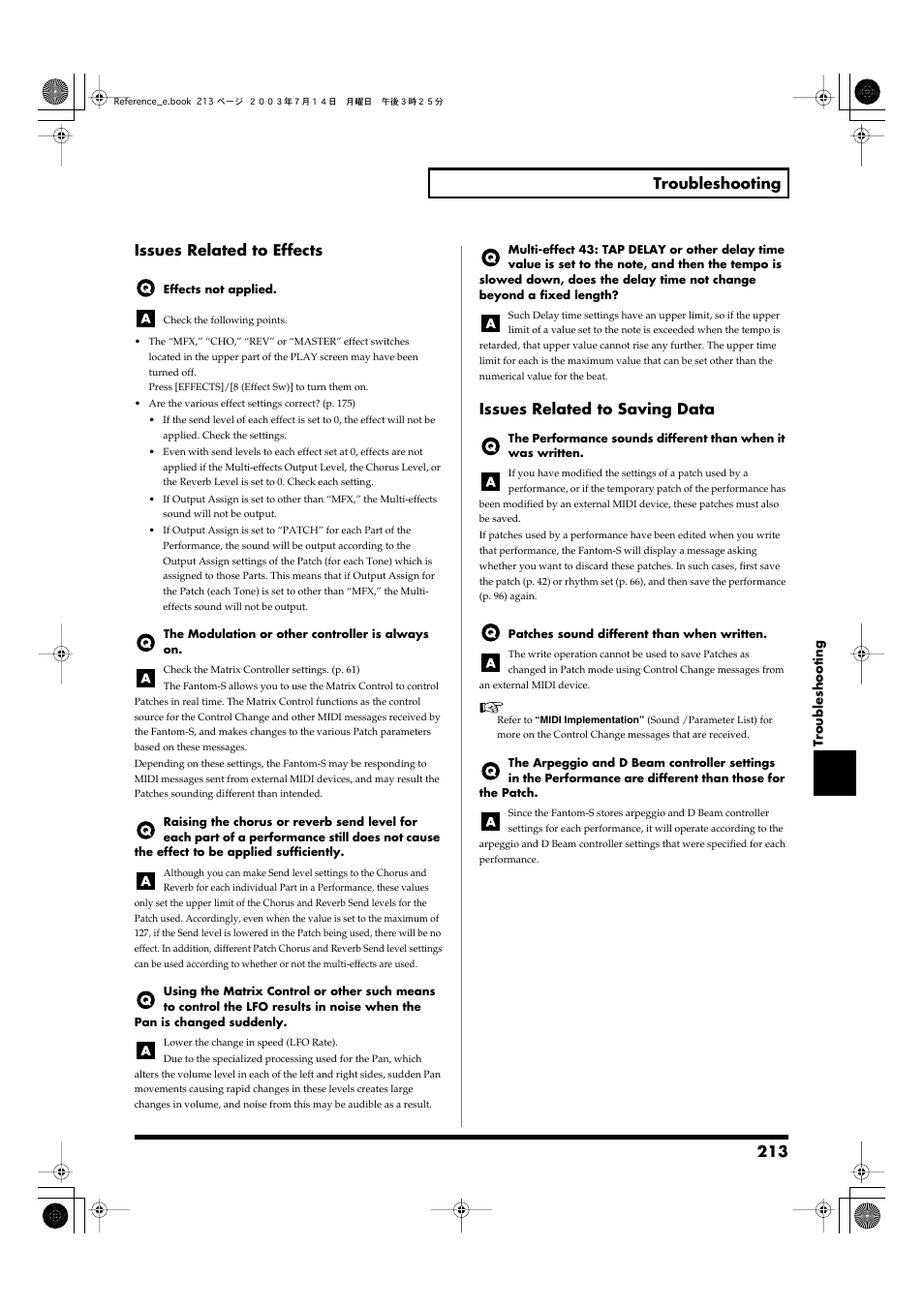 Issues related to effects, Issues related to saving data, 213 troubleshooting | Roland Fantom-S User Manual | Page 213 / 228