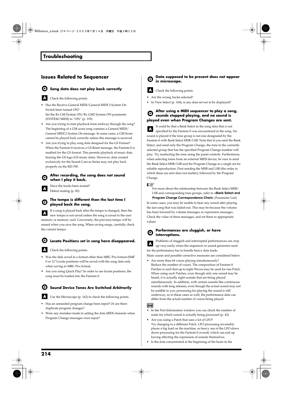 Issues related to sequencer, 214 troubleshooting issues related to sequencer | Roland Fantom-S User Manual | Page 214 / 228