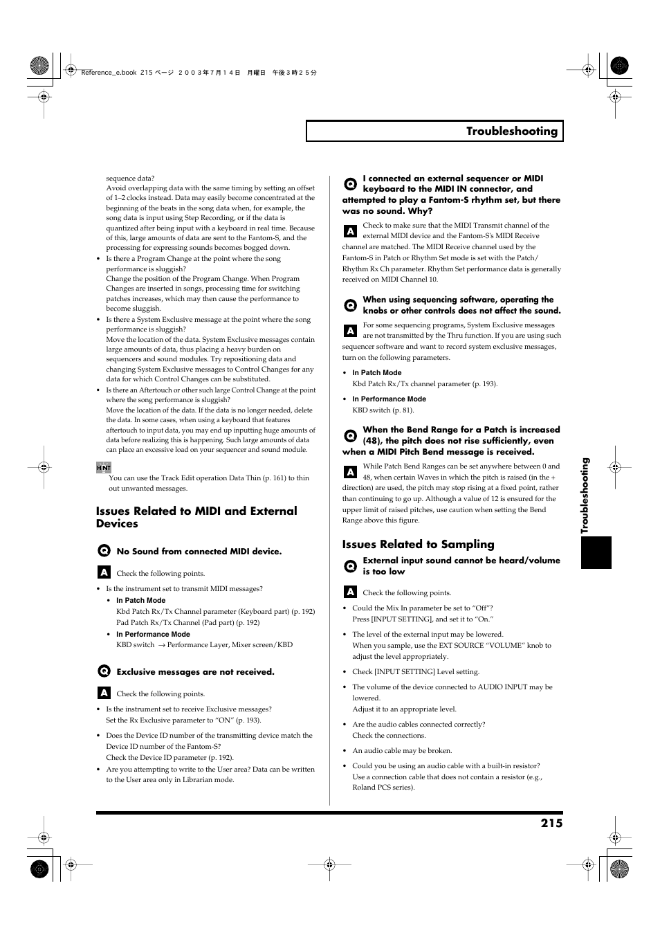 Issues related to midi and external devices, Issues related to sampling, 215 troubleshooting | Roland Fantom-S User Manual | Page 215 / 228