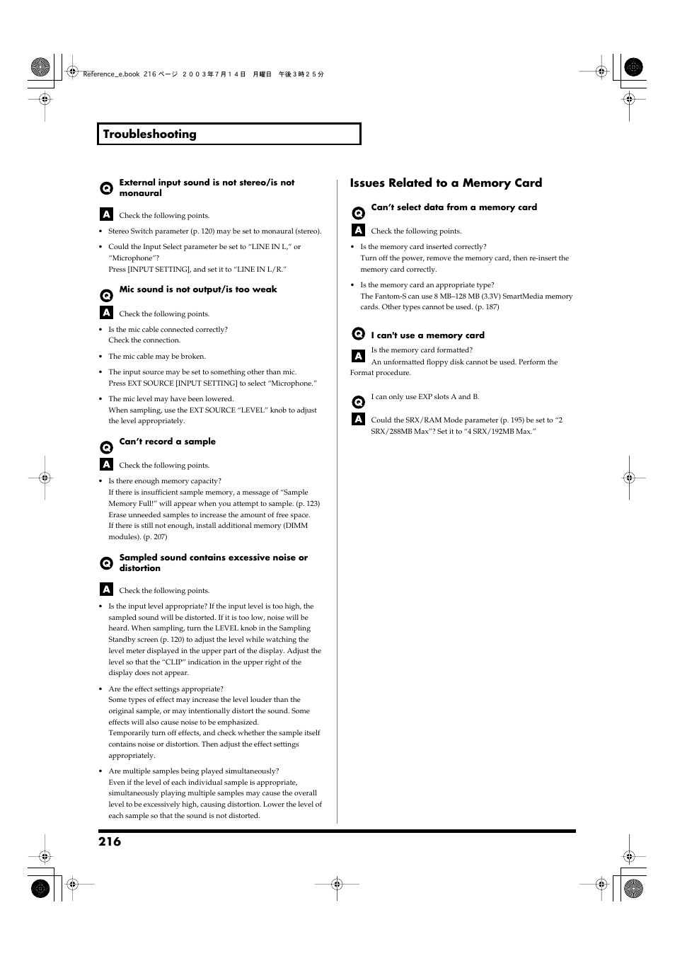 Issues related to a memory card, 216 troubleshooting | Roland Fantom-S User Manual | Page 216 / 228