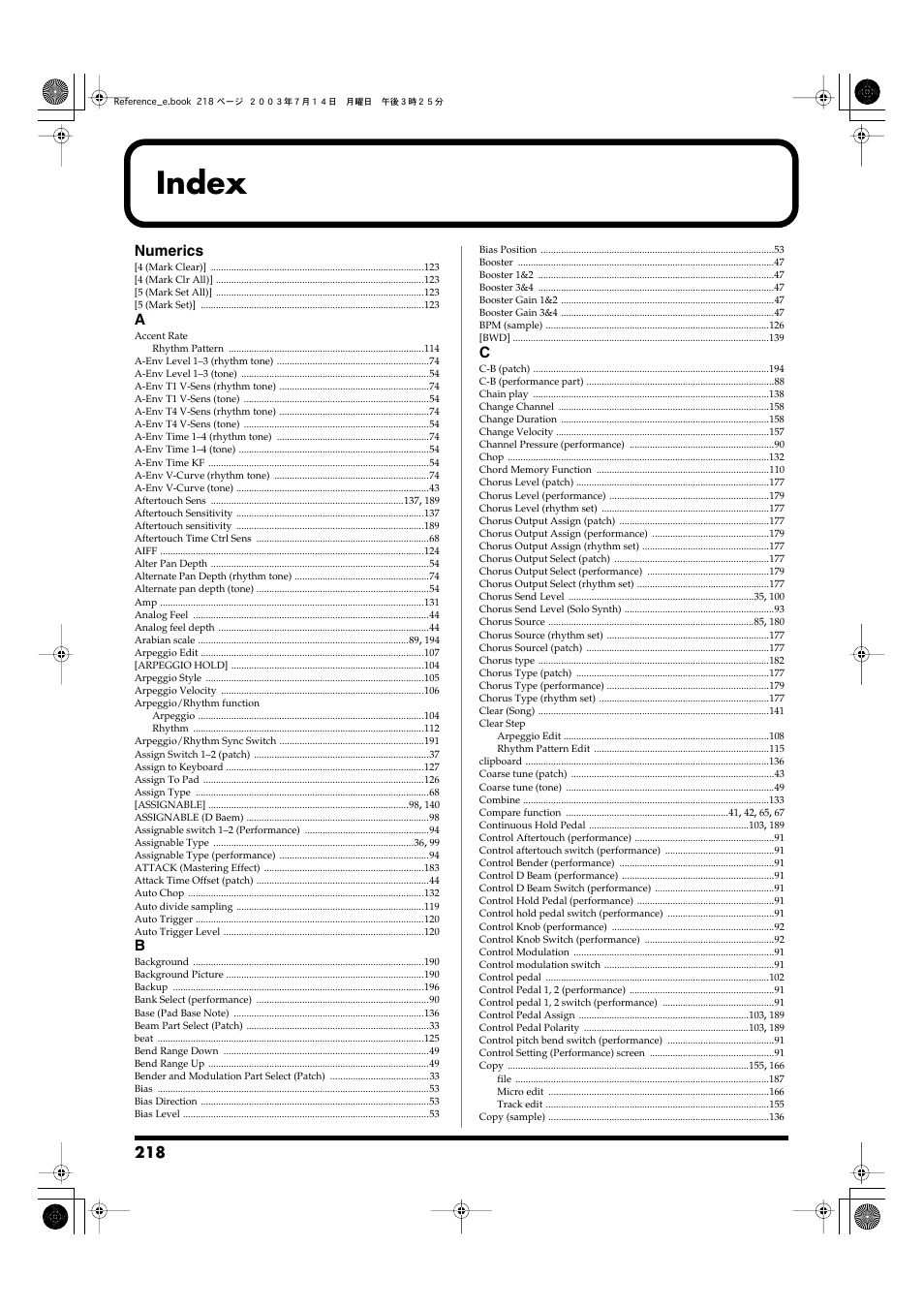 Index, Numerics | Roland Fantom-S User Manual | Page 218 / 228