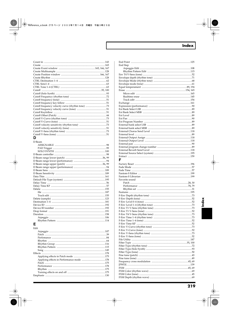 219 index | Roland Fantom-S User Manual | Page 219 / 228