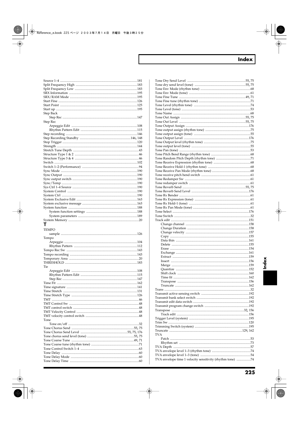 225 index | Roland Fantom-S User Manual | Page 225 / 228