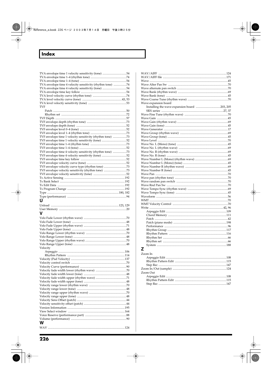 226 index | Roland Fantom-S User Manual | Page 226 / 228