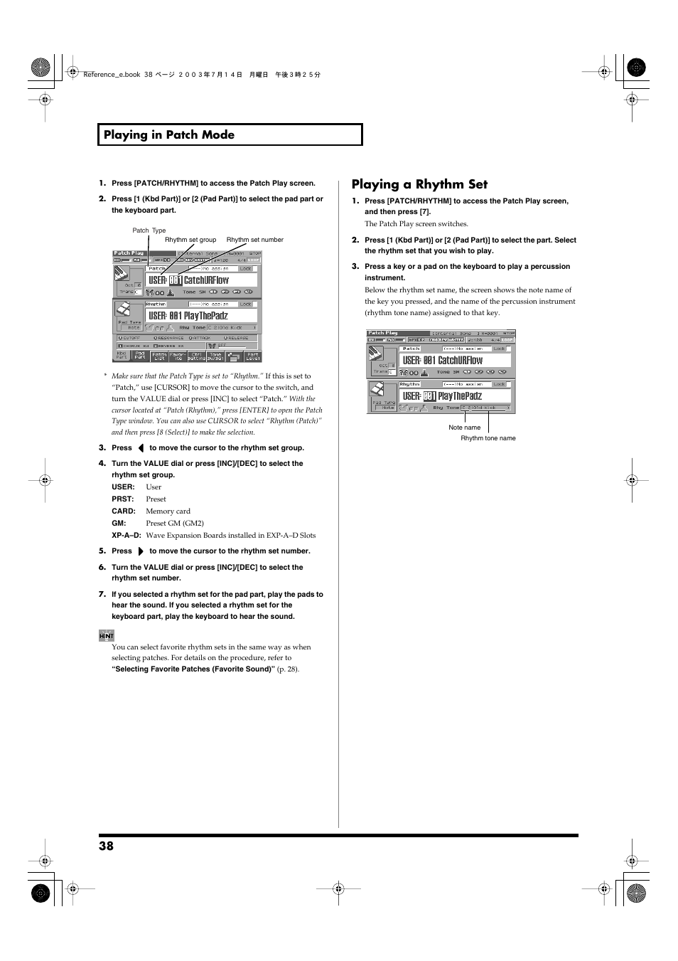 Playing a rhythm set, 38 playing in patch mode | Roland Fantom-S User Manual | Page 38 / 228