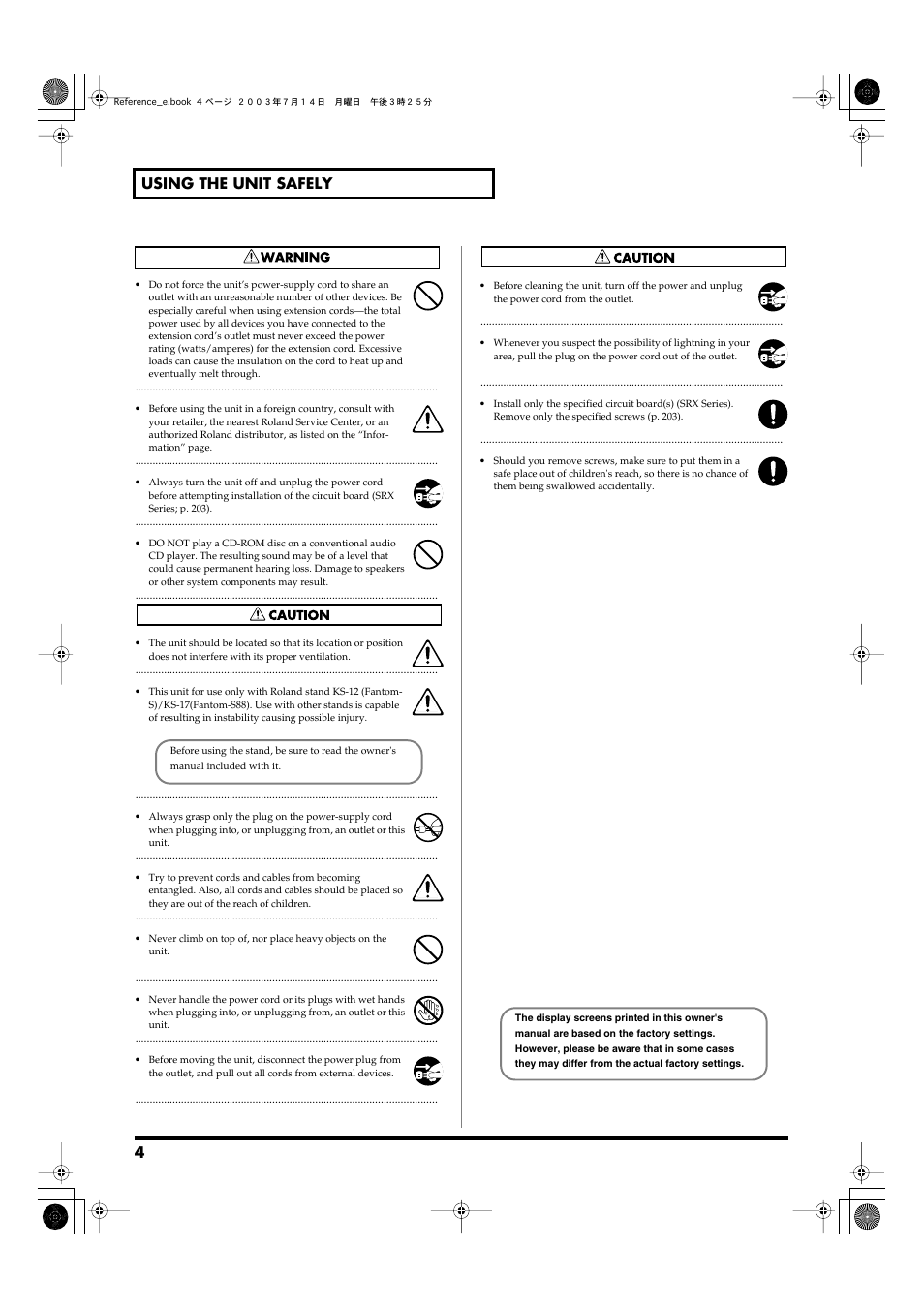 4 using the unit safely | Roland Fantom-S User Manual | Page 4 / 228