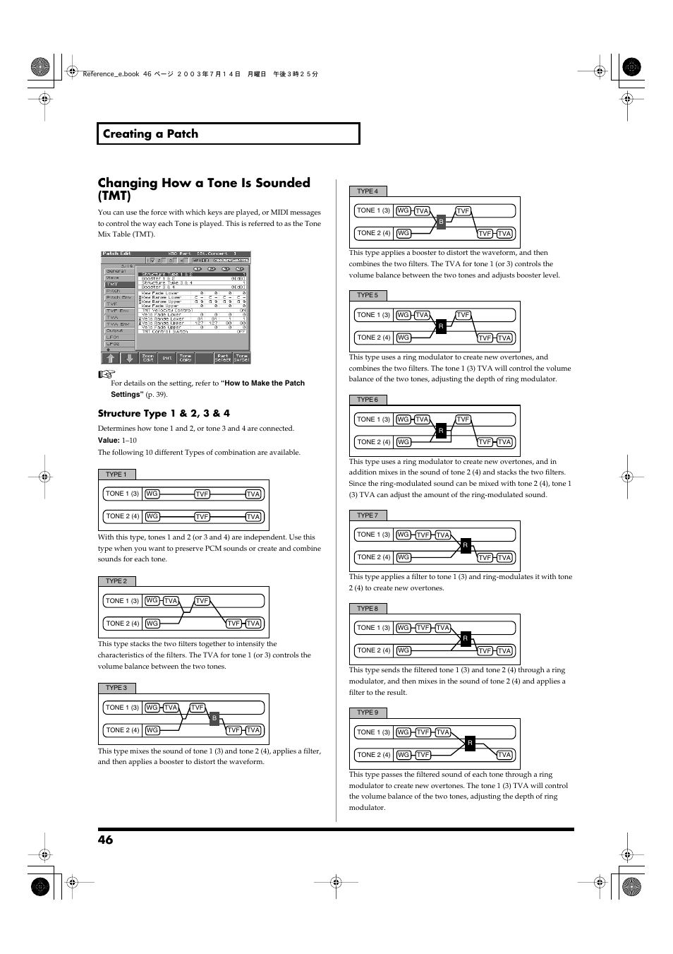 Changing how a tone is sounded (tmt), Check the structure setting ( p. 46, P. 46 | 46 creating a patch, Structure type 1 & 2, 3 & 4 | Roland Fantom-S User Manual | Page 46 / 228