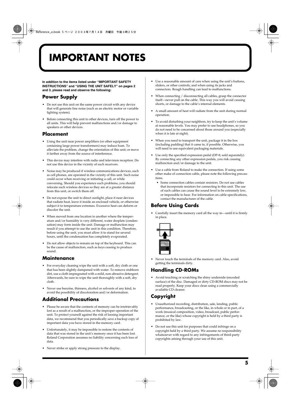 Important notes, Power supply, Placement | Maintenance, Additional precautions, Before using cards, Handling cd-roms, Copyright | Roland Fantom-S User Manual | Page 5 / 228