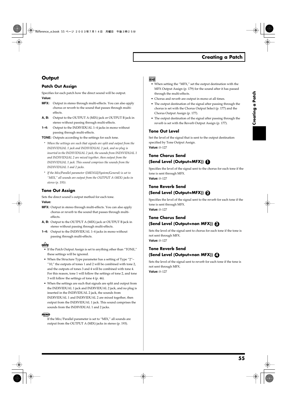 55 creating a patch, Output | Roland Fantom-S User Manual | Page 55 / 228
