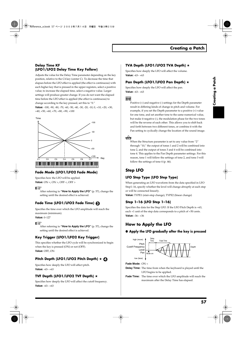 After referring to, How to apply the lfo, P. 57), change the | 57 creating a patch, Step lfo | Roland Fantom-S User Manual | Page 57 / 228
