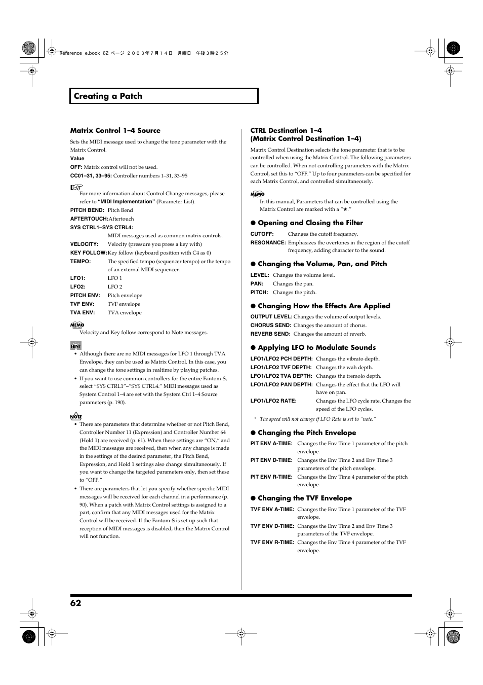 62 creating a patch | Roland Fantom-S User Manual | Page 62 / 228