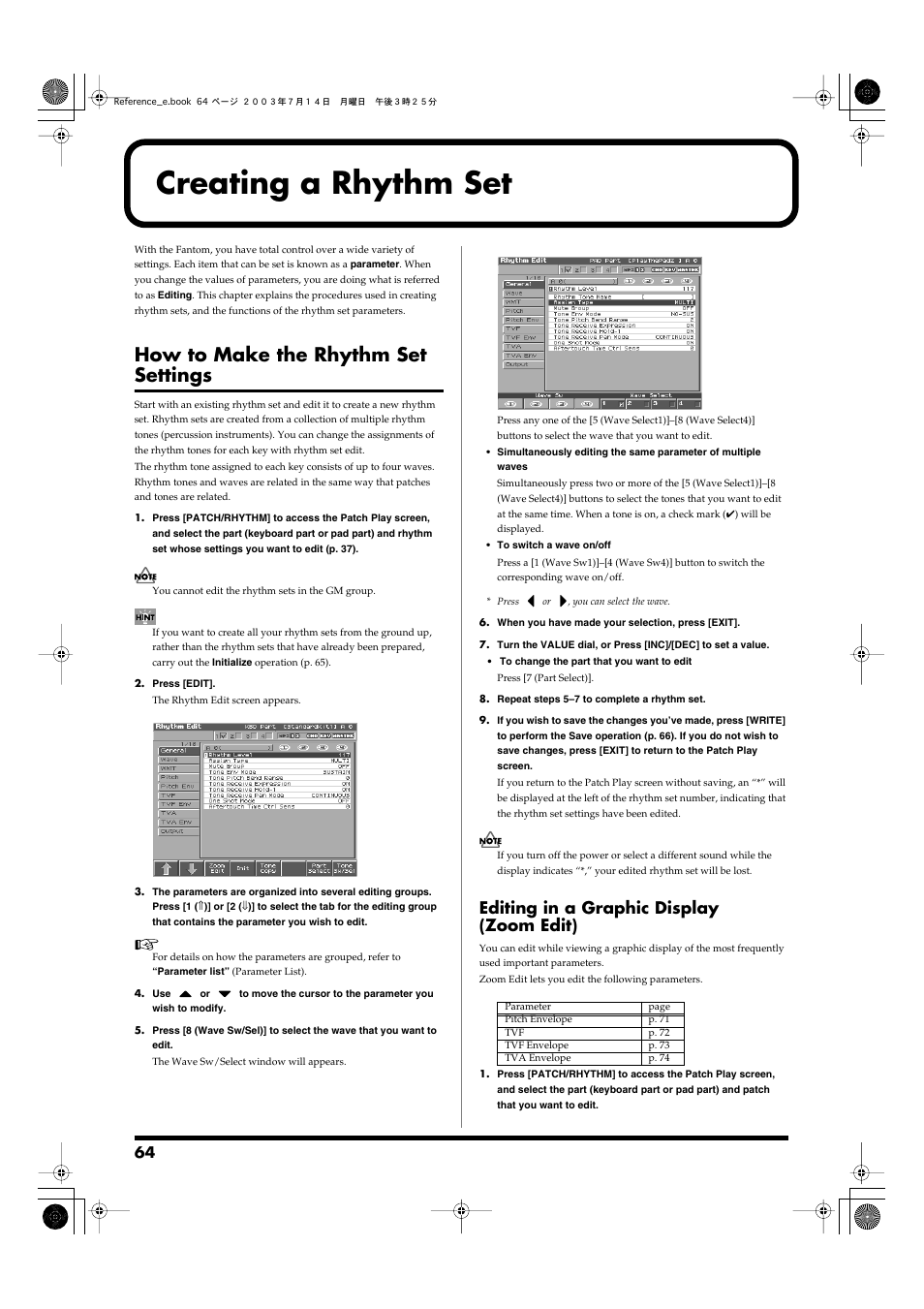 Creating a rhythm set, How to make the rhythm set settings, Editing in a graphic display (zoom edit) | Roland Fantom-S User Manual | Page 64 / 228