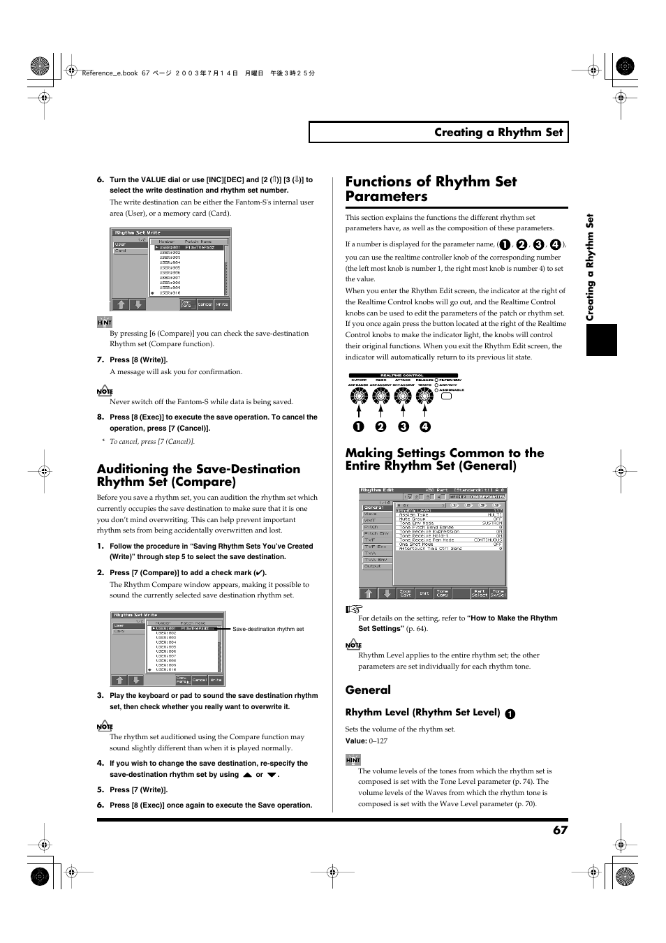 Functions of rhythm set parameters, 67 creating a rhythm set, General | Roland Fantom-S User Manual | Page 67 / 228