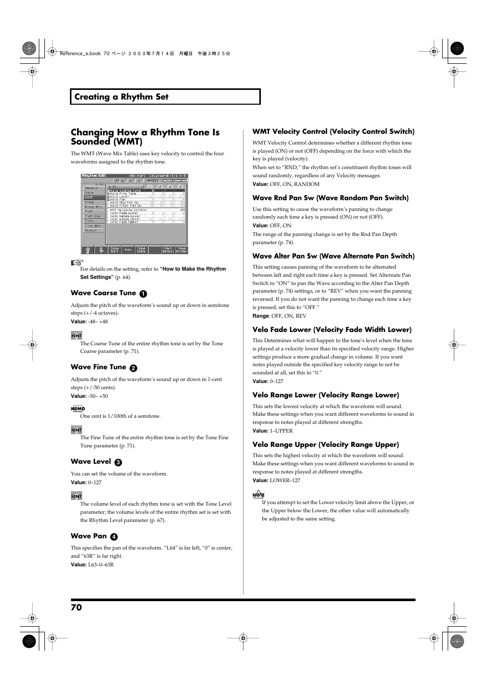 Changing how a rhythm tone is sounded (wmt), 70 creating a rhythm set | Roland Fantom-S User Manual | Page 70 / 228