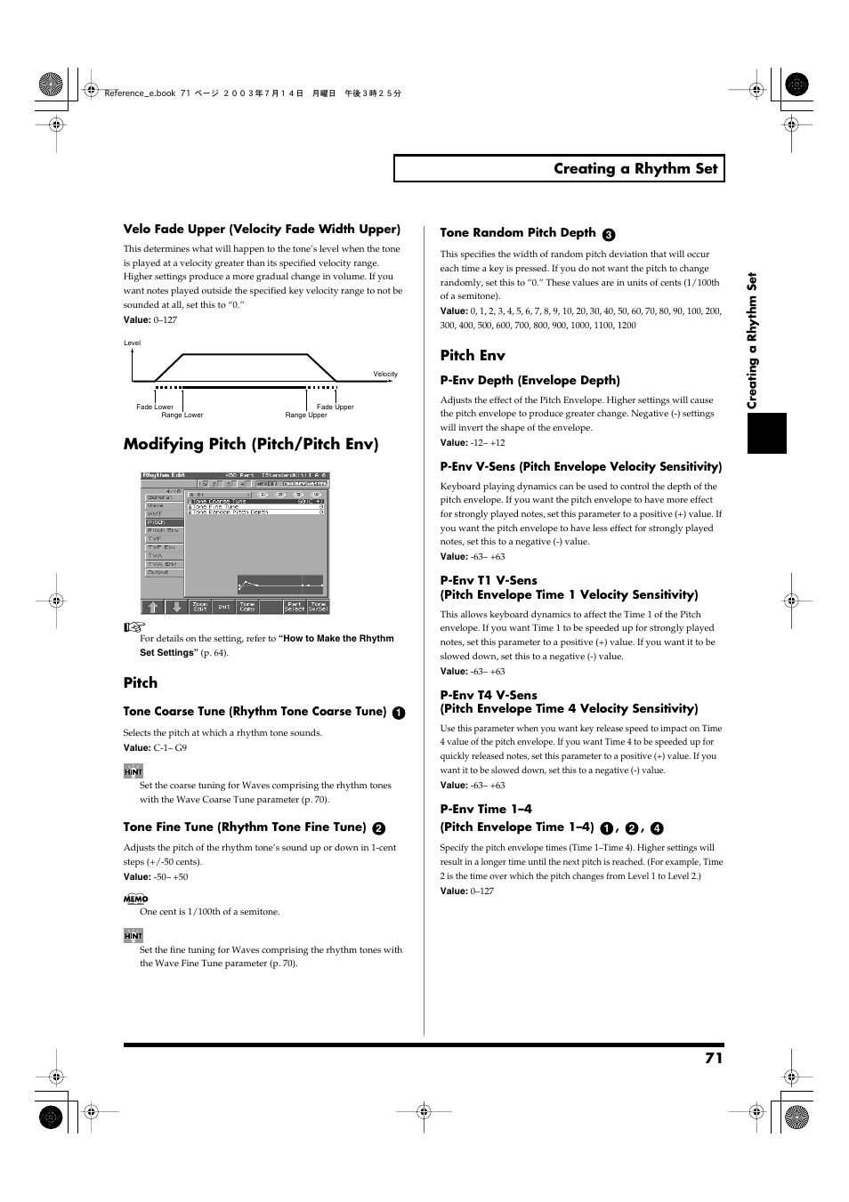 Modifying pitch (pitch/pitch env), P. 71, Coarse parameter (p. 71) | Tune parameter (p. 71), 71 creating a rhythm set, Pitch, Pitch env | Roland Fantom-S User Manual | Page 71 / 228