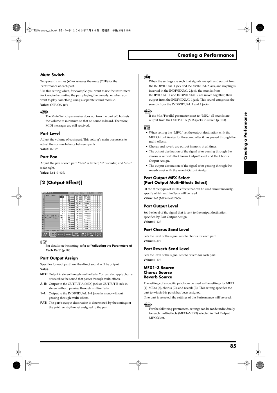 Level (p. 85), Pan (p. 85), Chorus send level (p. 85) | Reverb send level (p. 85), Output assign (p. 85), 85 creating a performance, 2 (output effect) | Roland Fantom-S User Manual | Page 85 / 228