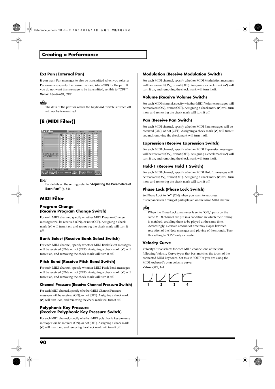 90 creating a performance, 8 (midi filter), Midi filter | Roland Fantom-S User Manual | Page 90 / 228