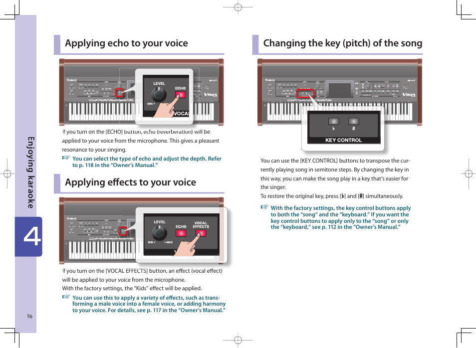 Applying echo to your voice, Applying eff ects to your voice, Changing the key (pitch) of the song | Roland Vima User Manual | Page 16 / 20
