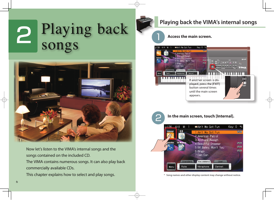 Playing back the vima’s internal songs | Roland Vima User Manual | Page 6 / 20