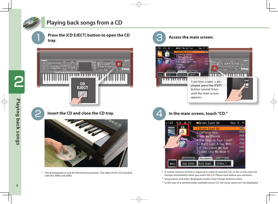 Playing back songs from a cd, Pla y ing b ac k song s | Roland Vima User Manual | Page 8 / 20