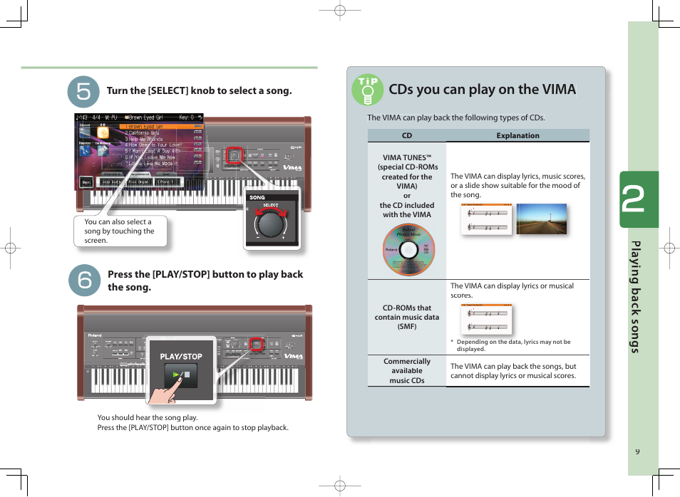 Cds you can play on the vima, Pl a y ing b ac k songs | Roland Vima User Manual | Page 9 / 20